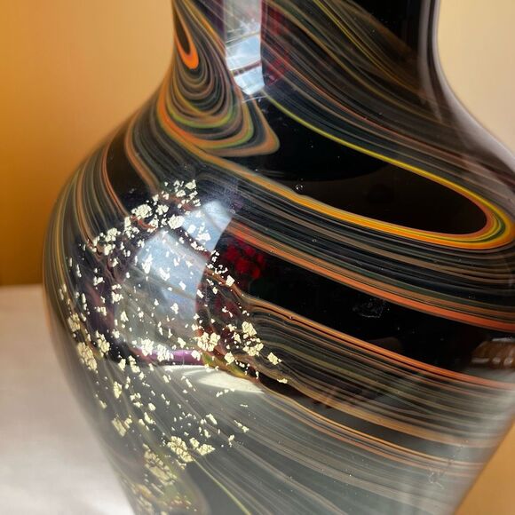 Murano Style Art Glass Vase‎ Hand Blown Black with Gold Foil Mid Century Modern - Picture 9 of 12